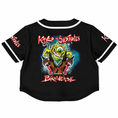 Cropped rave jersey with cartoon-style monster graphic, back view.