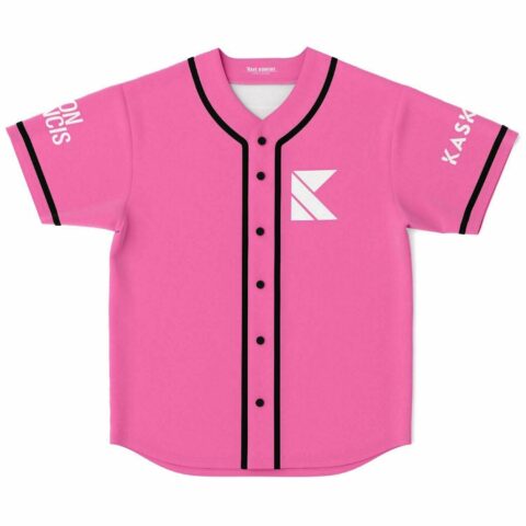 Bright pink baseball jersey with bold white K logo on chest, front view