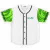 White baseball jersey with green portal-swirl sleeves and teal cartoon-inspired script logo on chest