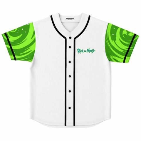 White baseball jersey with green portal-swirl sleeves and teal cartoon-inspired script logo on chest