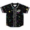 Black rave baseball jersey with scattered neon stars and dots, front view with white piping