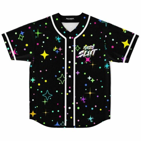 Black rave baseball jersey with scattered neon stars and dots, front view with white piping