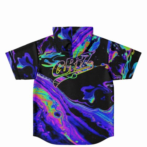 Back view of psychedelic oil slick hoodie jersey showing text lettering across shoulders