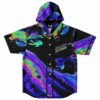 Hooded baseball jersey with psychedelic oil slick swirl print laid flat front view
