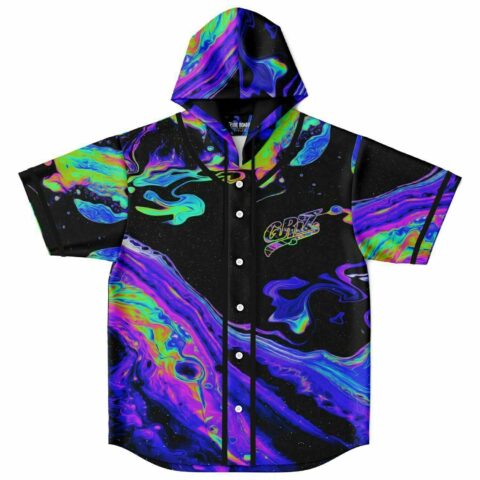 Hooded baseball jersey with psychedelic oil slick swirl print laid flat front view