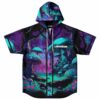 front view of glowing mushroom forest hooded baseball jersey with LSDREAM print in teal