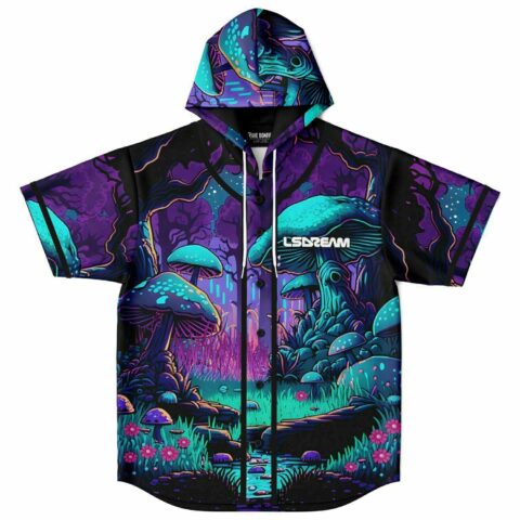 front view of glowing mushroom forest hooded baseball jersey with LSDREAM print in teal