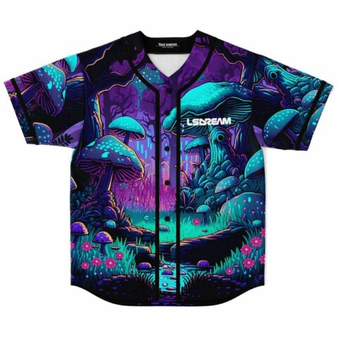 Front view of glowing mushroom forest baseball jersey with LSDREAM logo on chest