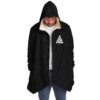 Model wearing black starfield cloak with cream fleece hood open front