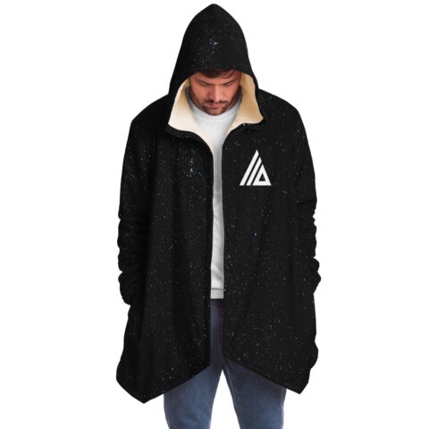 Model wearing black starfield cloak with cream fleece hood open front