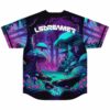 Back view of neon teal mushroom forest print jersey with LSDREAMER text arched across shoulders