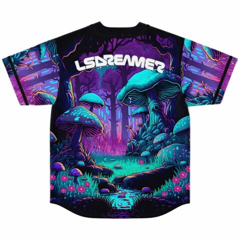 Back view of neon teal mushroom forest print jersey with LSDREAMER text arched across shoulders