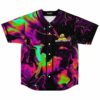 Front view of psychedelic marbled rave baseball jersey with green eye cartoon logo text reading