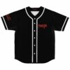 Black rave baseball jersey with red PhaseOne wordmark on chest, front flat lay