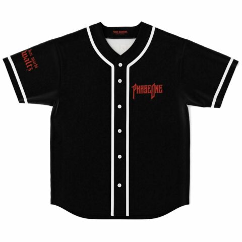 Black rave baseball jersey with red PhaseOne wordmark on chest, front flat lay