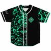 Neon green paint splatter baseball jersey with sacred geometry diamond patch on chest, front view