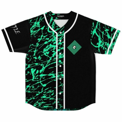 Neon green paint splatter baseball jersey with sacred geometry diamond patch on chest, front view
