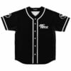 Black button-up baseball jersey front view with white piping and circular sleeve emblem