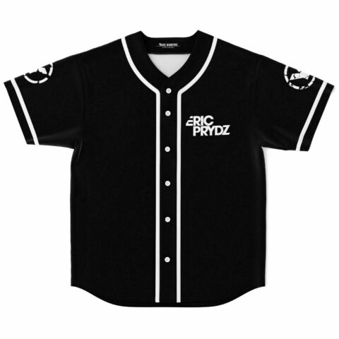 Black button-up baseball jersey front view with white piping and circular sleeve emblem