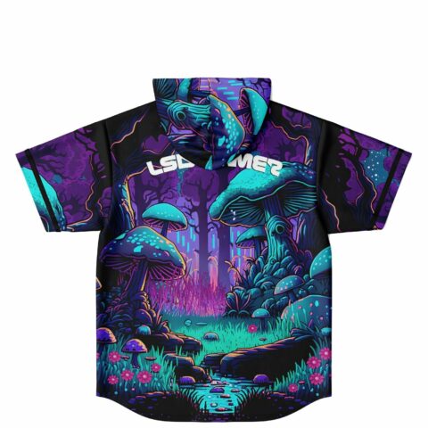 back view of psychedelic mushroom forest print hoodie jersey with LSDREAM text across shoulders