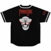 Moth and skull graphic on black baseball jersey with red PhaseOne text, back flat lay