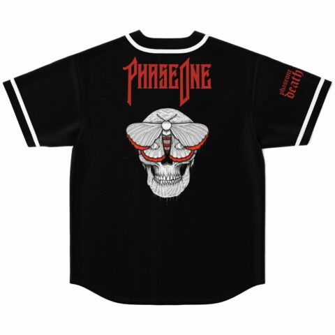 Moth and skull graphic on black baseball jersey with red PhaseOne text, back flat lay