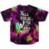 Back view of neon acid trip marbled baseball jersey with bold text reading yall fuck