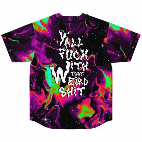 Back view of neon acid trip marbled baseball jersey with bold text reading yall fuck