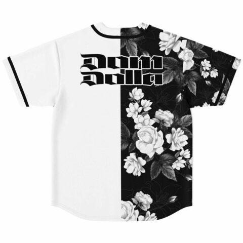Split black and white floral rave jersey back view with gothic lettering across shoulders