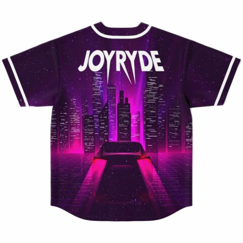 Neon cyberpunk cityscape print with car speeding toward skyline on jersey back
