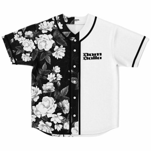 Half black rose print half white rave baseball jersey front view with bold gothic text