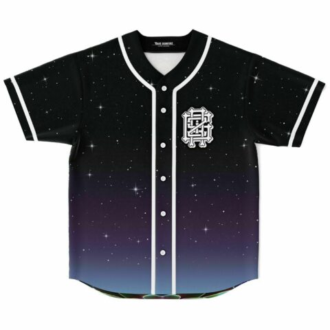 Starry galaxy rave baseball jersey front view with white bone-shaped emblem patch
