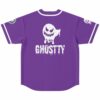 Back view of purple jersey with dripping cartoon ghost face and Ghostty logo