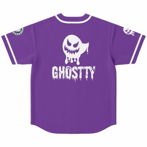 Back view of purple jersey with dripping cartoon ghost face and Ghostty logo
