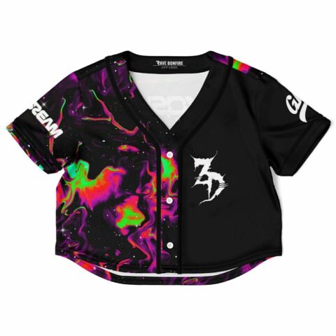 Cropped rave top with colorful swirling galaxy design pattern