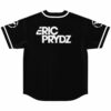 Black baseball jersey back view with bold white ERIC PRYDZ text print and white trim