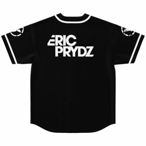 Black baseball jersey back view with bold white ERIC PRYDZ text print and white trim