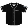 Black rave baseball jersey with white piping and stylized front logo text