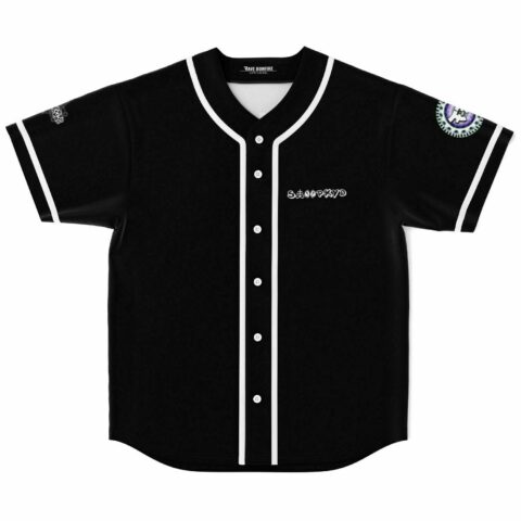 Black rave baseball jersey with white piping and stylized front logo text