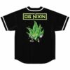 back view of black jersey with cartoon cannabis leaf mascot and OG Nixin logo