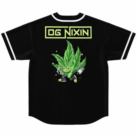 back view of black jersey with cartoon cannabis leaf mascot and OG Nixin logo