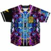 Psychedelic kaleidoscopic marble print rave baseball jersey front view with gold emblem button-up