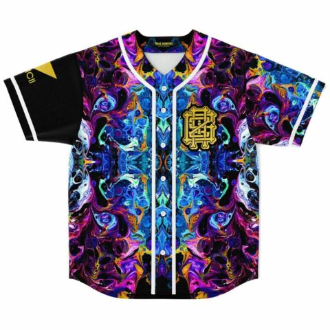 Psychedelic kaleidoscopic marble print rave baseball jersey front view with gold emblem button-up