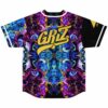 GRiZ gold glitter script on mirrored acid swirl baseball jersey back view