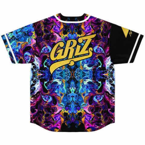 GRiZ gold glitter script on mirrored acid swirl baseball jersey back view