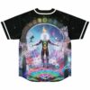 Cosmic zodiac arch print on jersey back with glowing skeleton figure and rainbow lotus