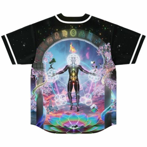 Cosmic zodiac arch print on jersey back with glowing skeleton figure and rainbow lotus