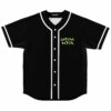 black rave baseball jersey with green Gotcha Bitch text on chest and white piping