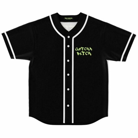 black rave baseball jersey with green Gotcha Bitch text on chest and white piping