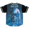 Back view of jersey featuring shattered chrome face graphic and blue butterfly accents on dark
